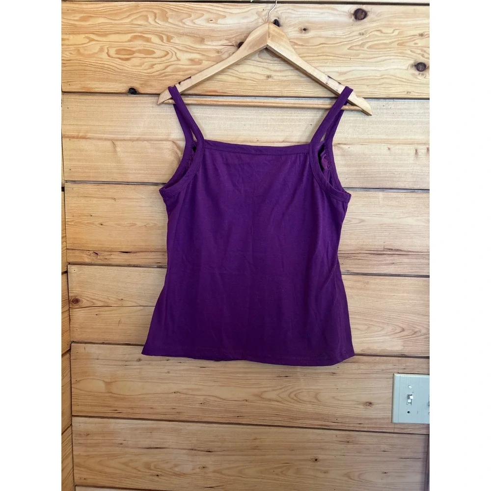 Vintage Tank Top Women Large Deep Purple Square Neck Satin Trim Mixed Media Cami - Picture 5 of 6